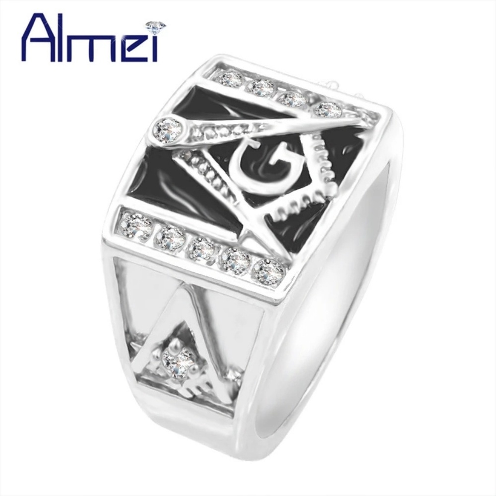 Master Masonic Mason Titanium Plated Ring CZ - Picture 3 of 7